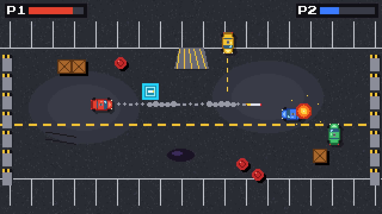 A top-down parking lot arena: a red car fires a missile at a blue car, which explodes, while a yellow car fires from above and a green car closes in past crates and barrels