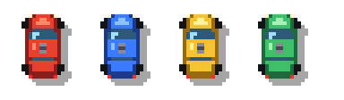 Four placeholder cars in red, blue, yellow and green